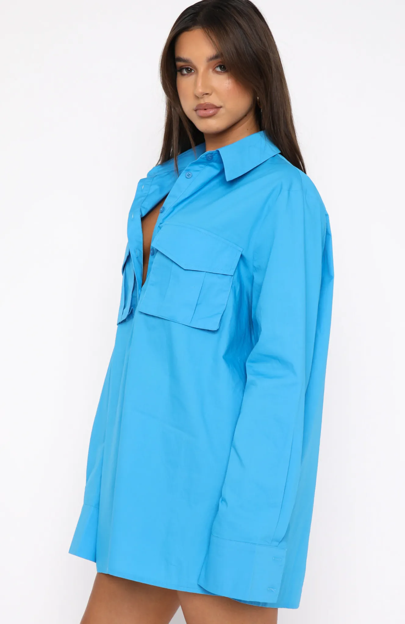 Long Sleeve Dresses | White Fox Boutique Drinks On Me Long Sleeve Shirt Dress Azure blue