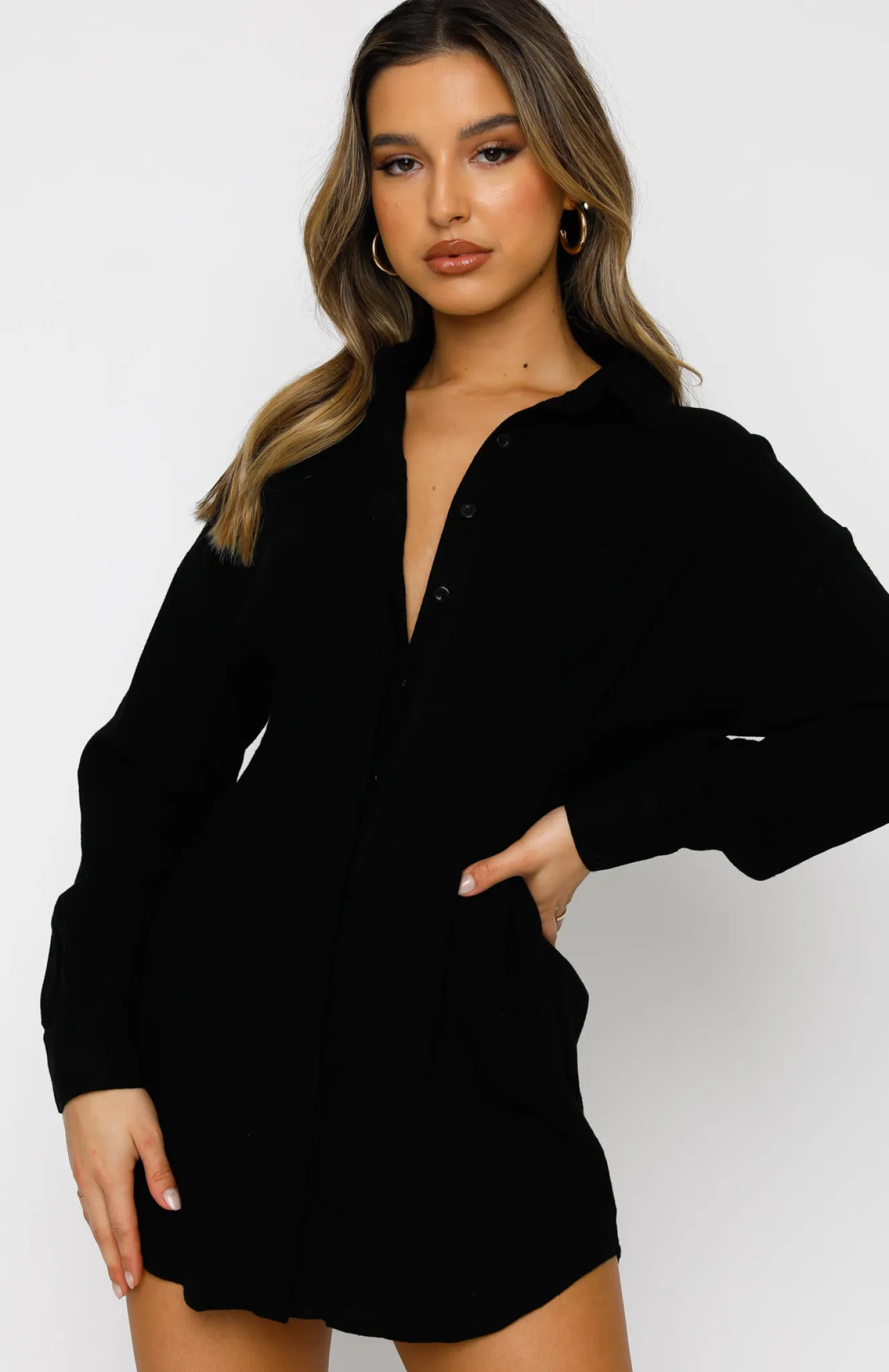 Restocked | White Fox Boutique Feels Like A Holiday Shirt Dress black