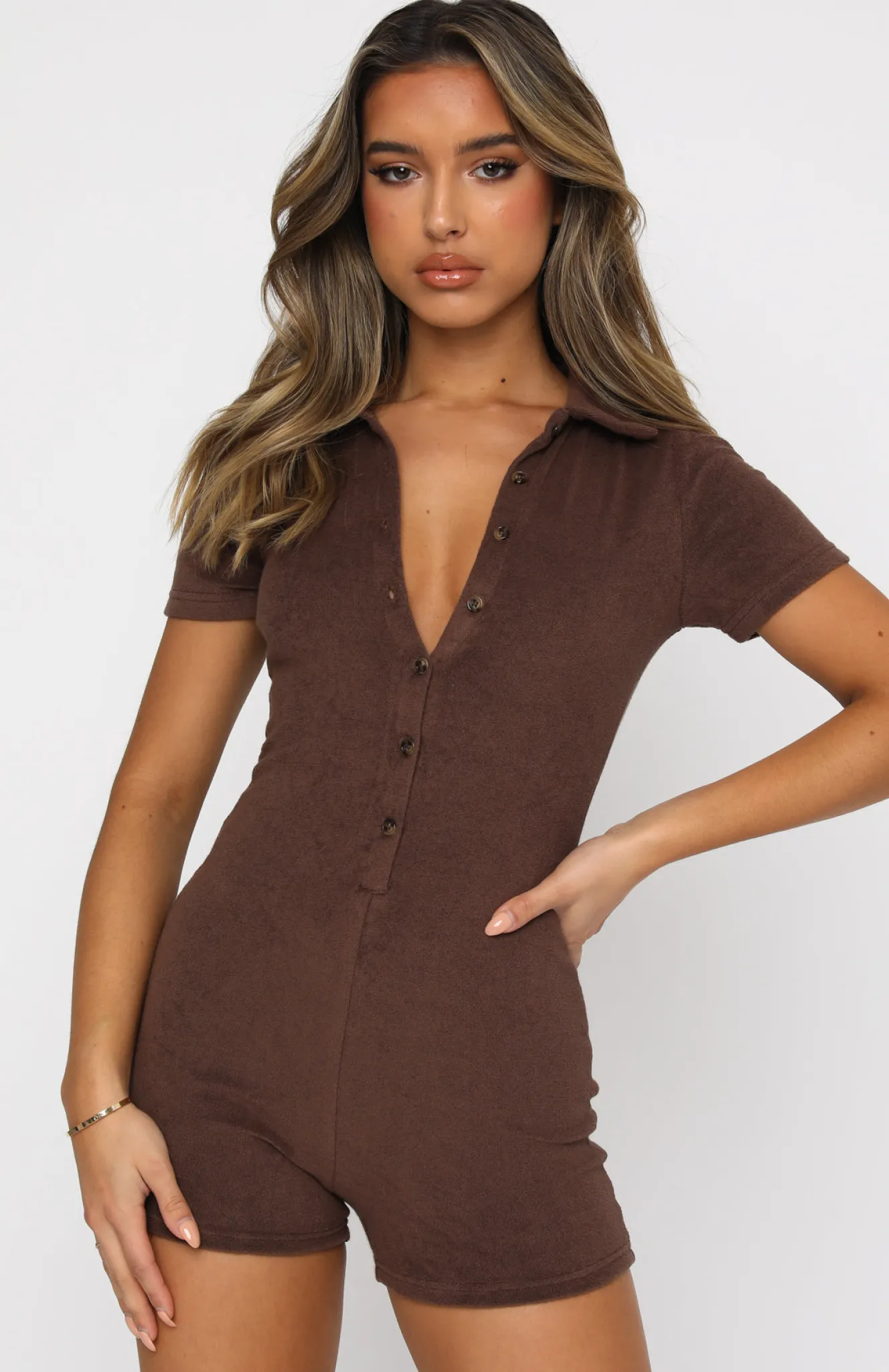 Restocked | White Fox Boutique Golden Light Terry Playsuit Chocolate brown
