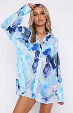 Resort Wear | White Fox Boutique Here It Goes Oversized Shirt Haze blue