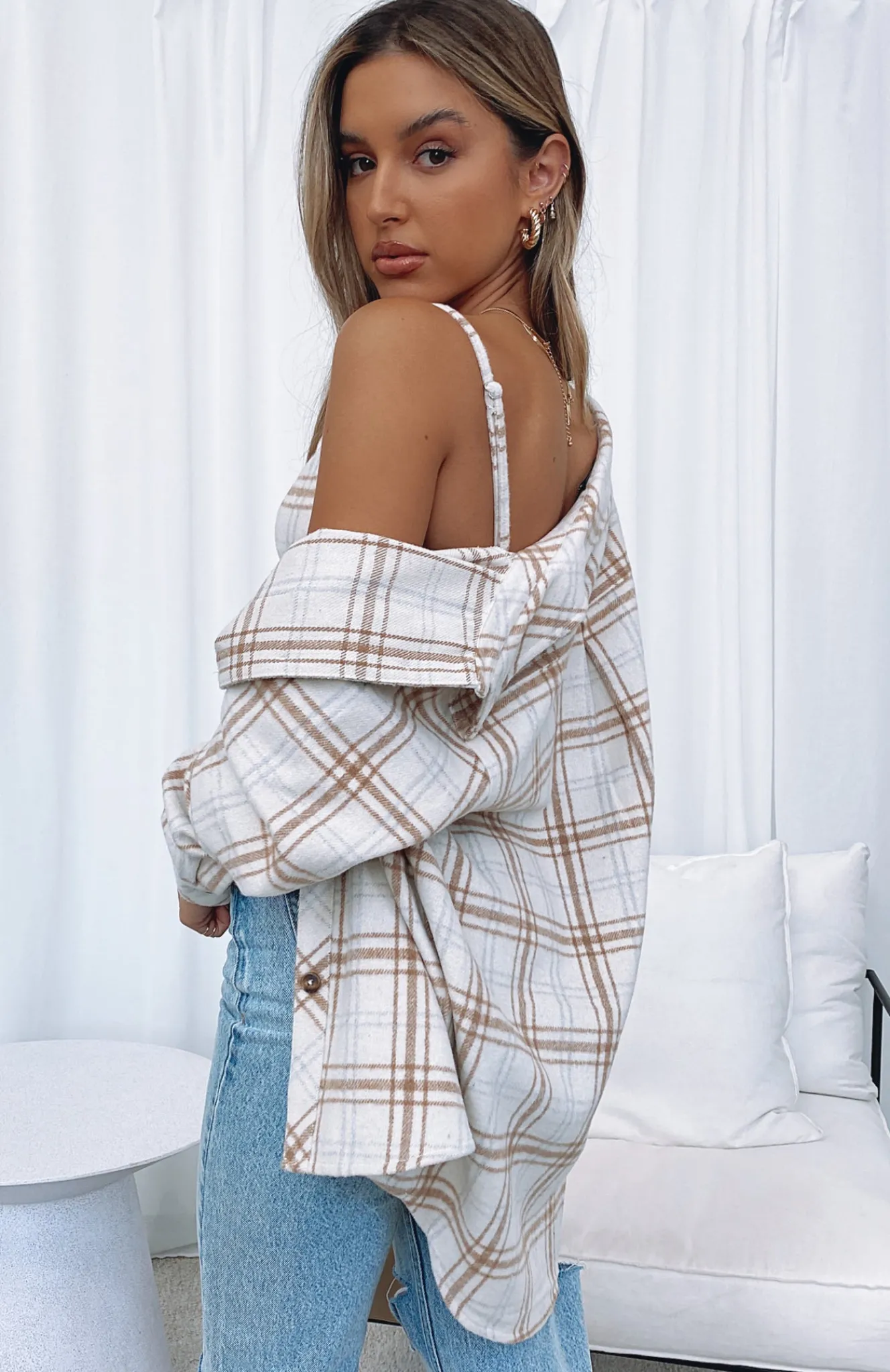 Jackets & Blazers | White Fox Boutique I Think Of You Plaid Shirt Cream nude