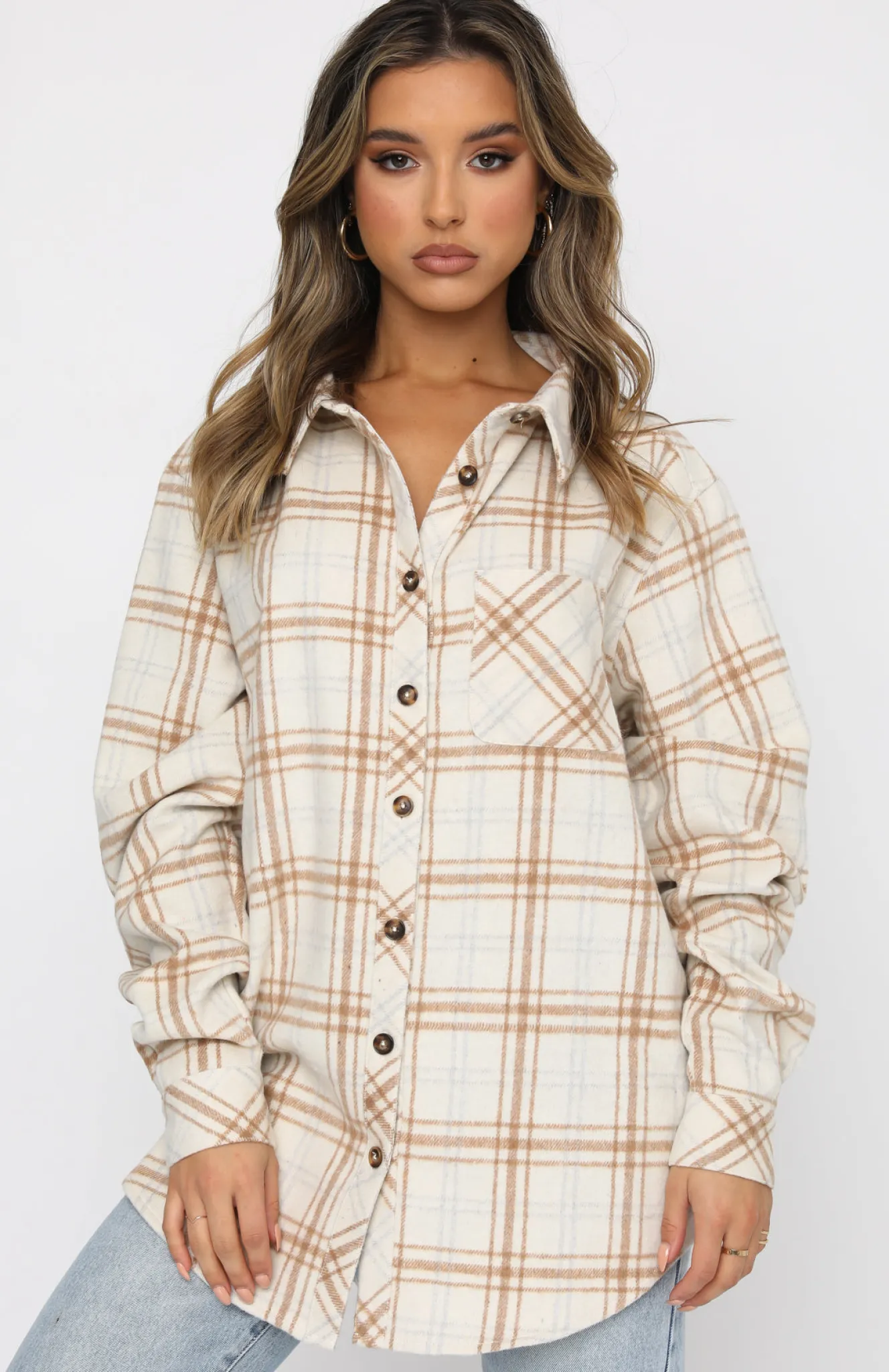 Jackets & Blazers | White Fox Boutique I Think Of You Plaid Shirt Cream nude