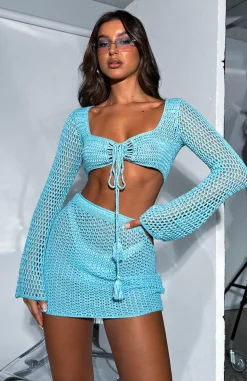 Resort Wear | White Fox Boutique I Was Here Long Sleeve Crochet Crop blue