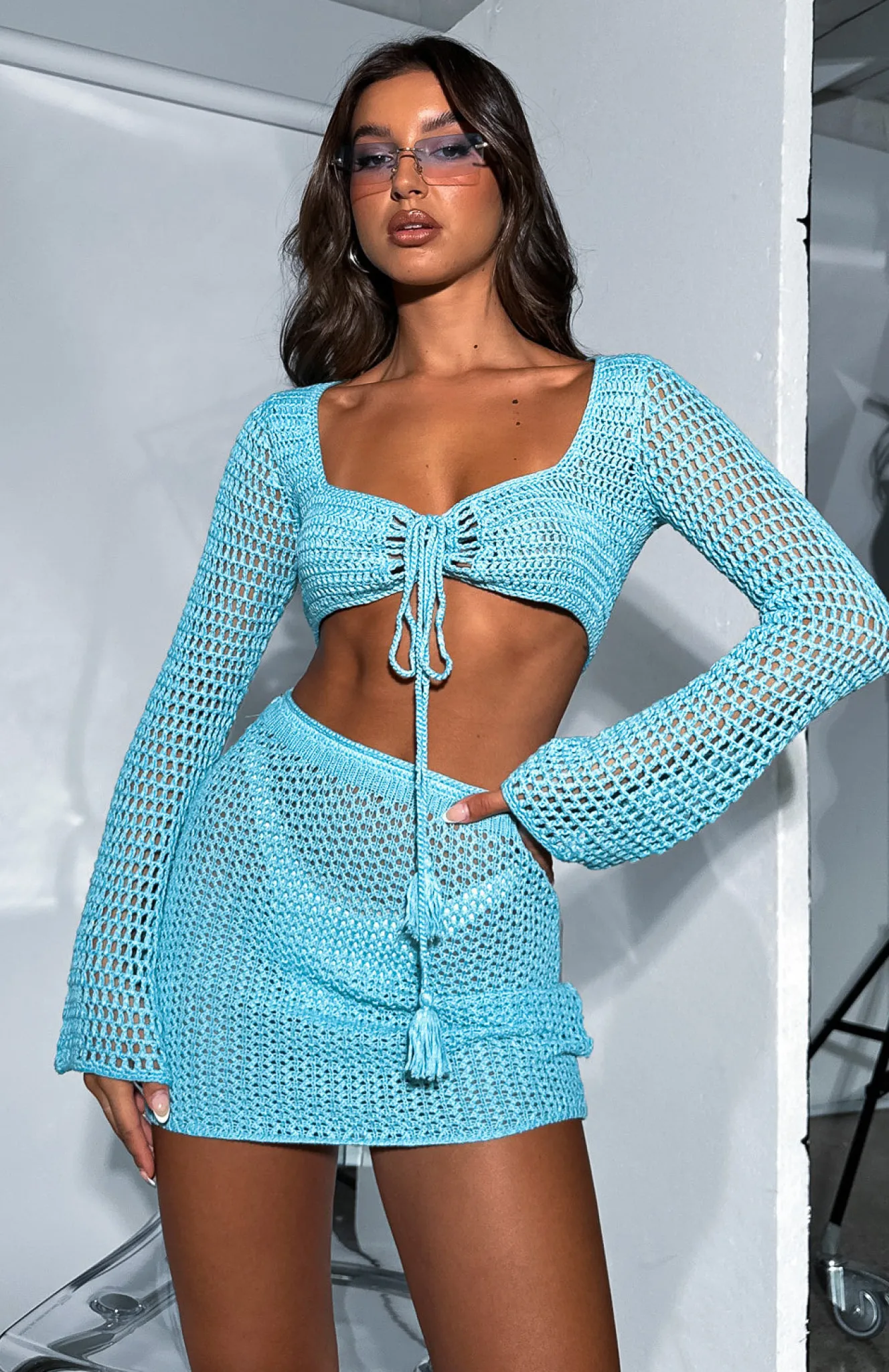 Resort Wear | White Fox Boutique I Was Here Long Sleeve Crochet Crop blue