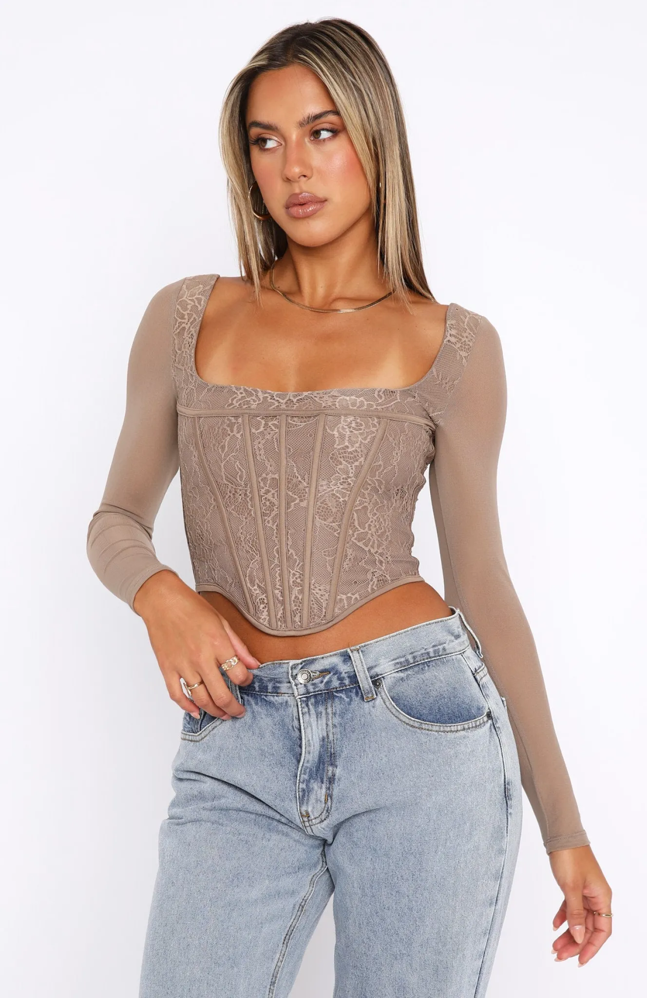 Shirts & Blouses | White Fox Boutique Met In The South Long Sleeve Lace Bustier Mocha brown