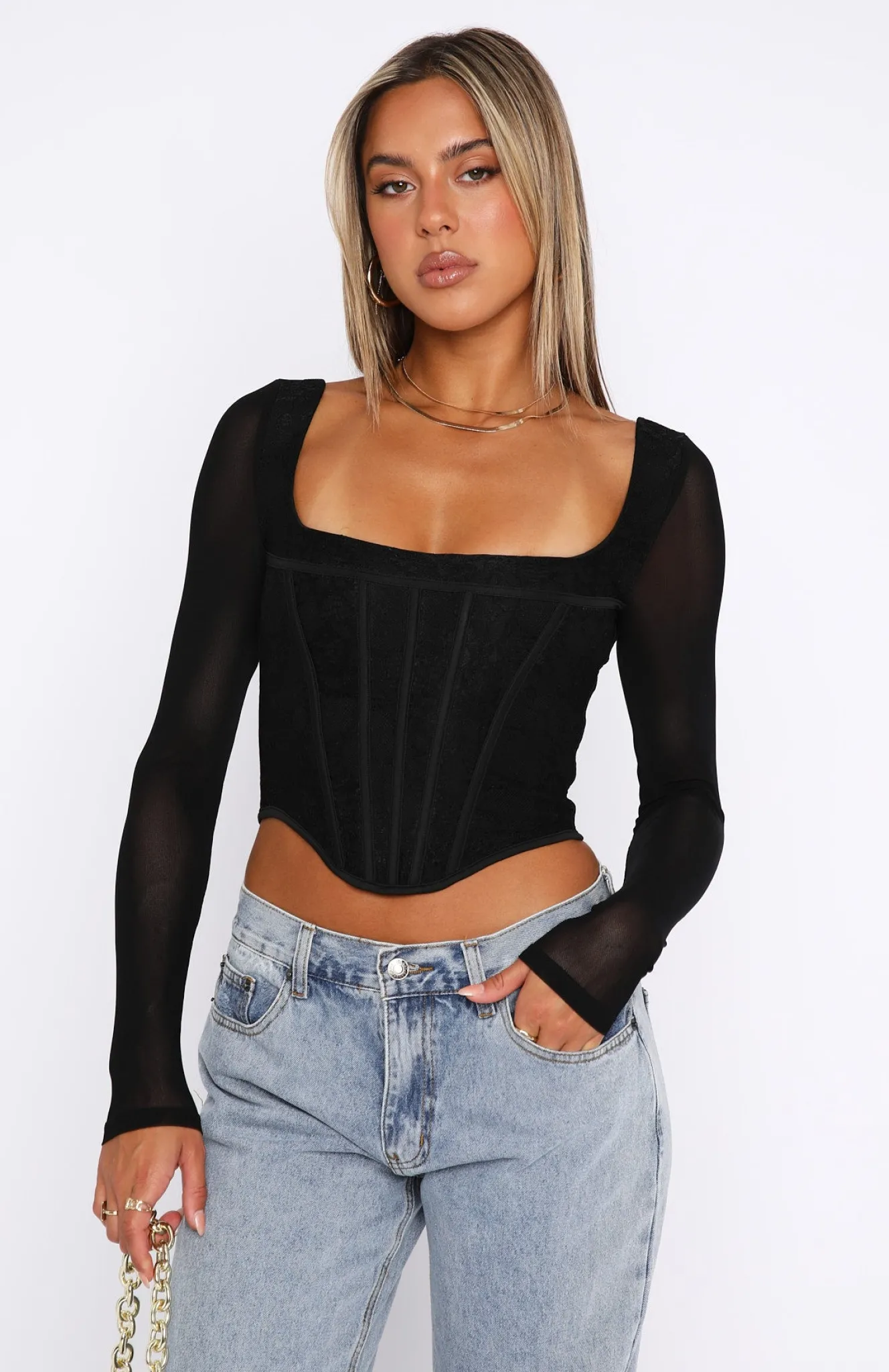 Shirts & Blouses | White Fox Boutique Met In The South Long Sleeve Lace Bustier black