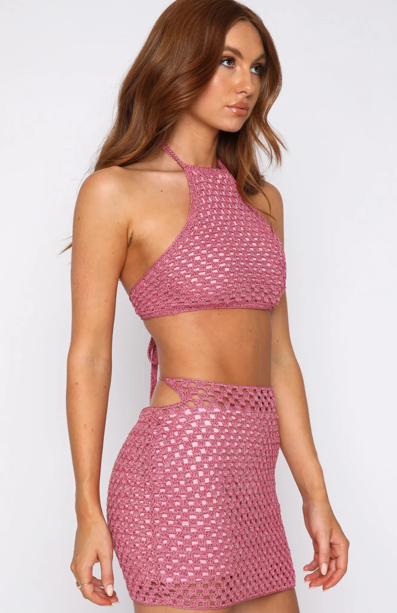 Resort Wear | White Fox Boutique No More Lies Halter Crop Hot Lurex pink