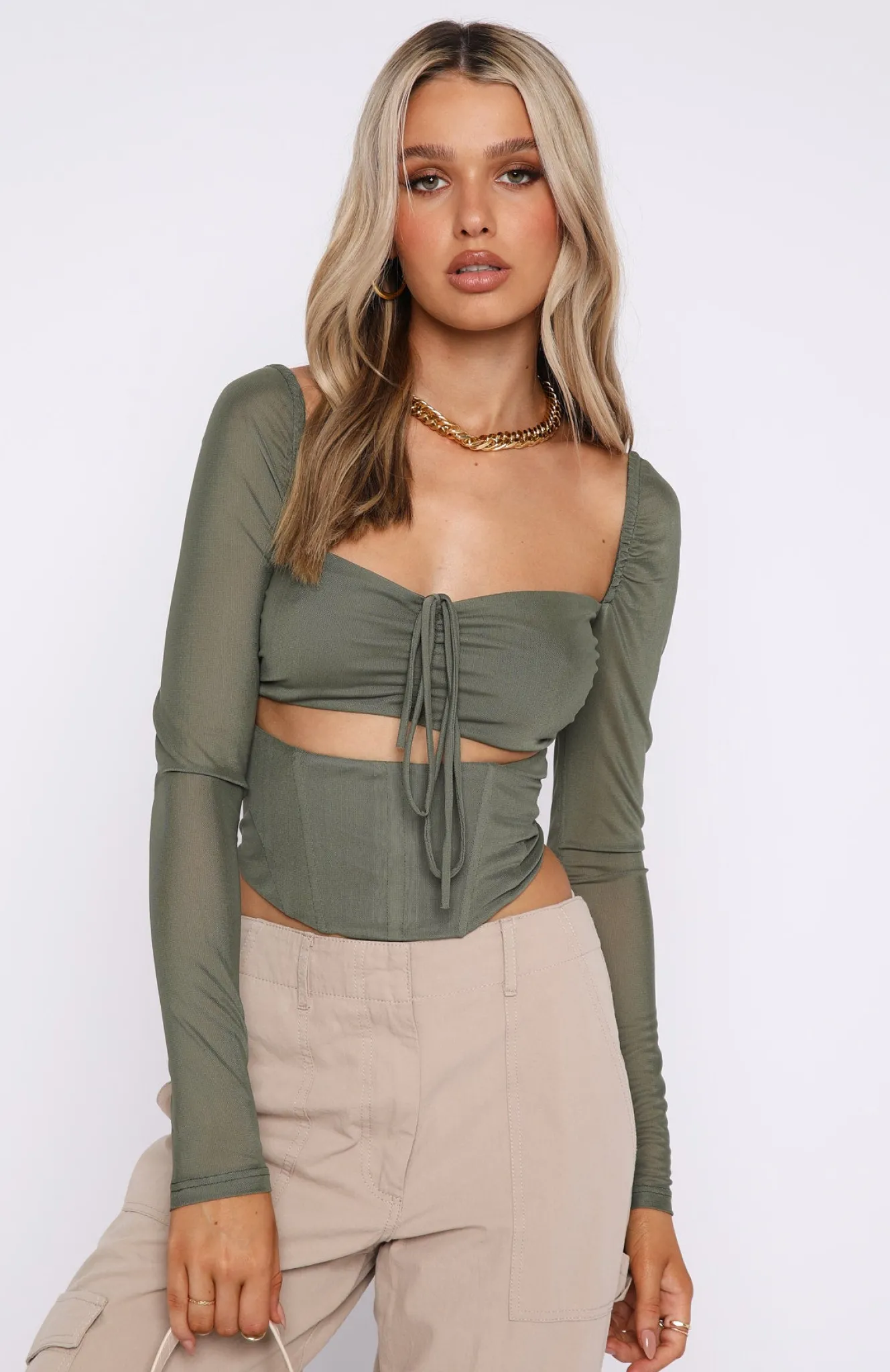 Shirts & Blouses | White Fox Boutique Not Phased Long Sleeve Mesh Bustier Khaki green