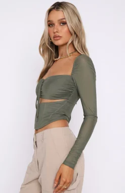 Shirts & Blouses | White Fox Boutique Not Phased Long Sleeve Mesh Bustier Khaki green
