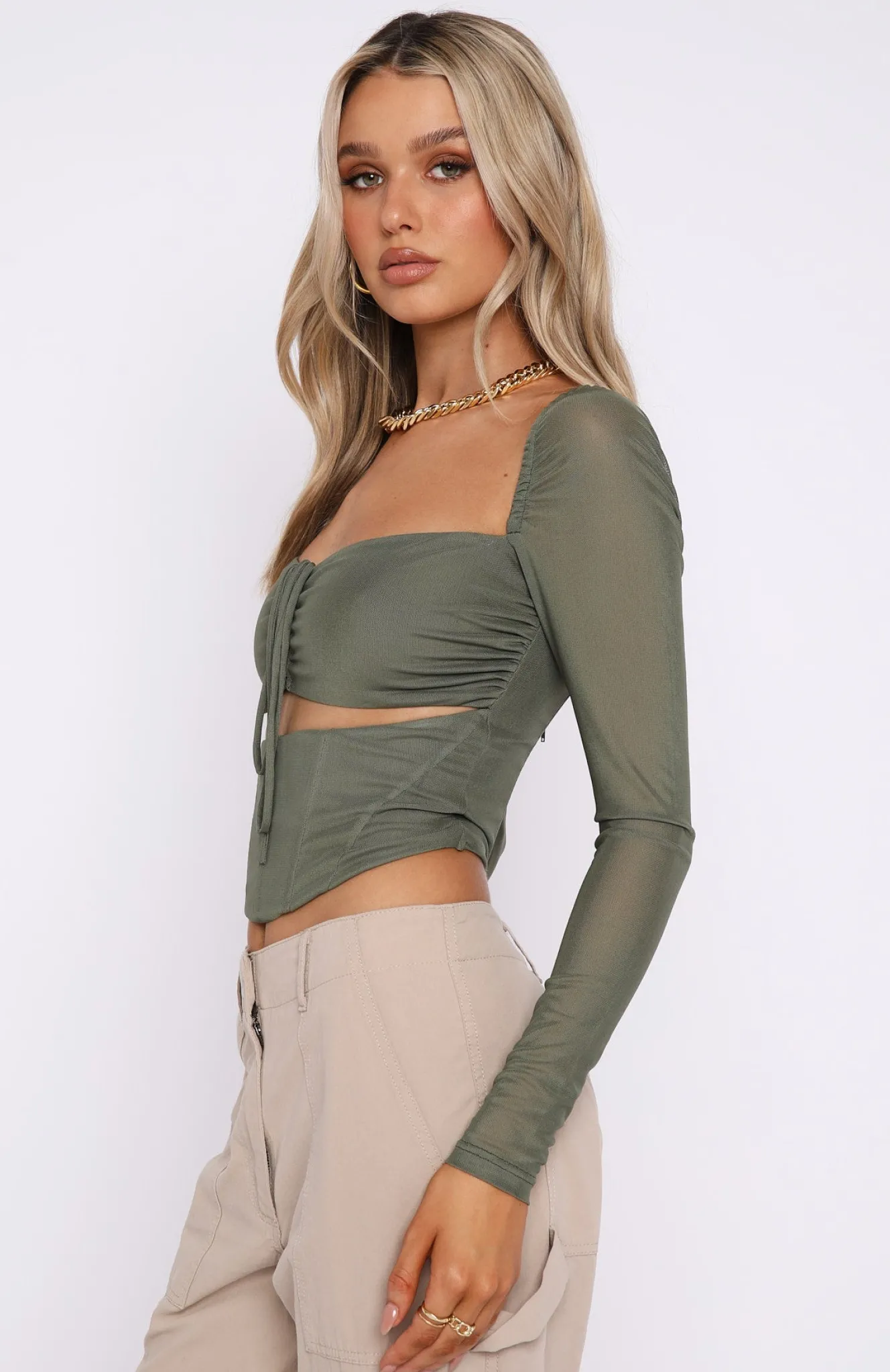 Shirts & Blouses | White Fox Boutique Not Phased Long Sleeve Mesh Bustier Khaki green