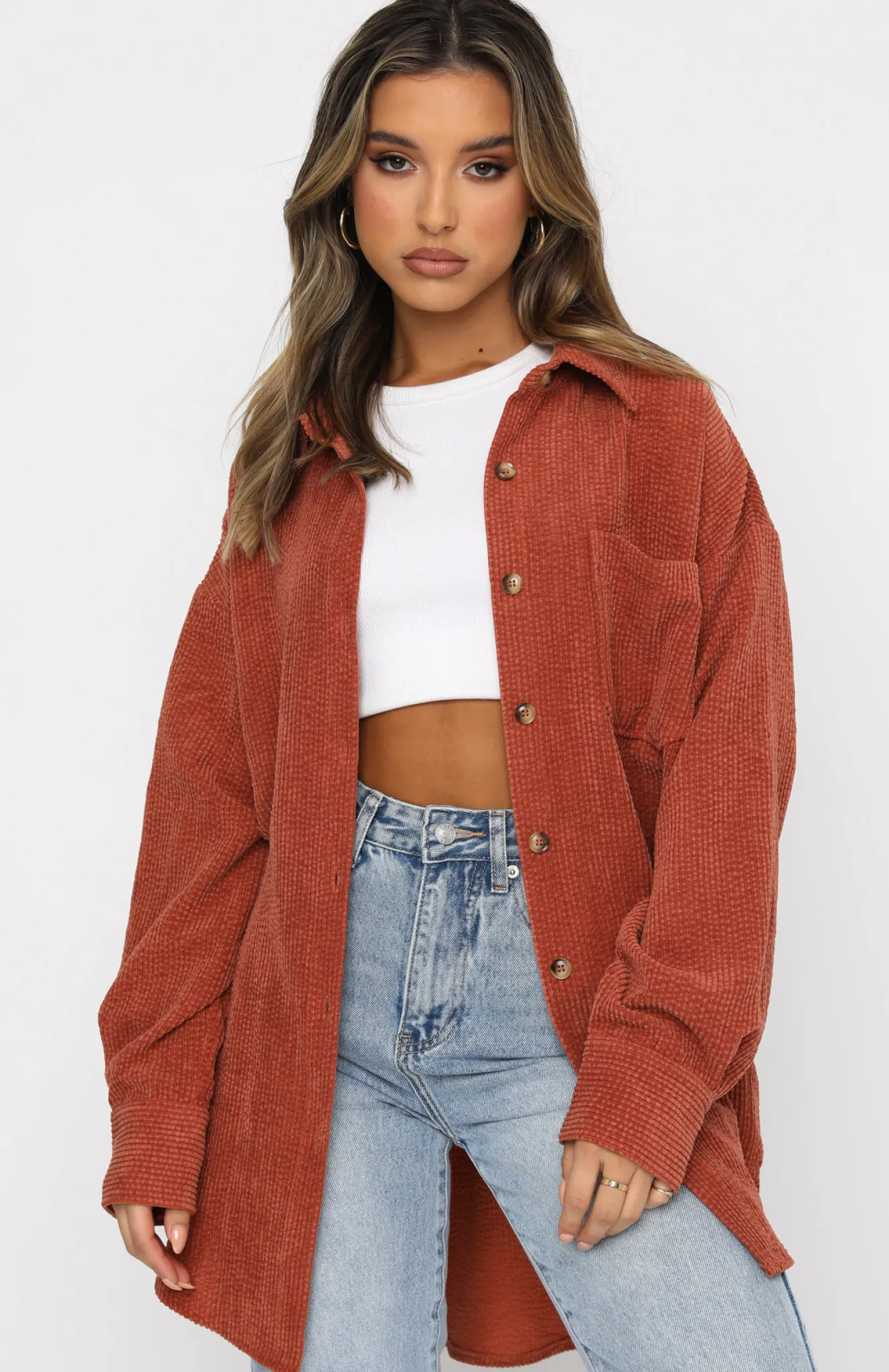 Shirts & Blouses | White Fox Boutique Out And About Cord Long Sleeve Shirt Rust orange