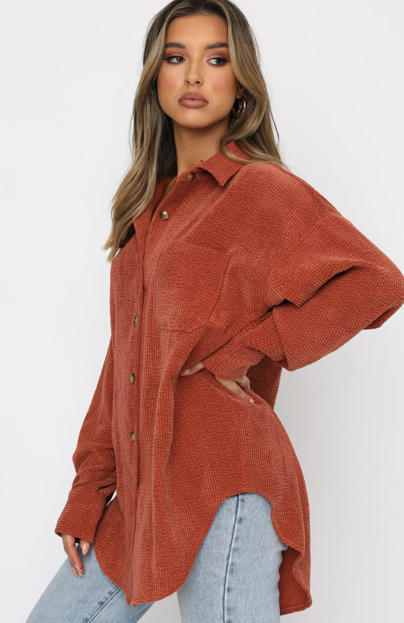 Shirts & Blouses | White Fox Boutique Out And About Cord Long Sleeve Shirt Rust orange