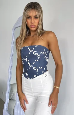 Shirts & Blouses | White Fox Boutique Play It Up Strapless Bustier Steel Warped Logo blue