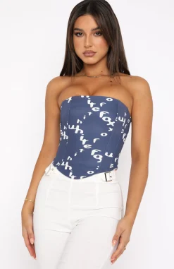 Shirts & Blouses | White Fox Boutique Play It Up Strapless Bustier Steel Warped Logo blue