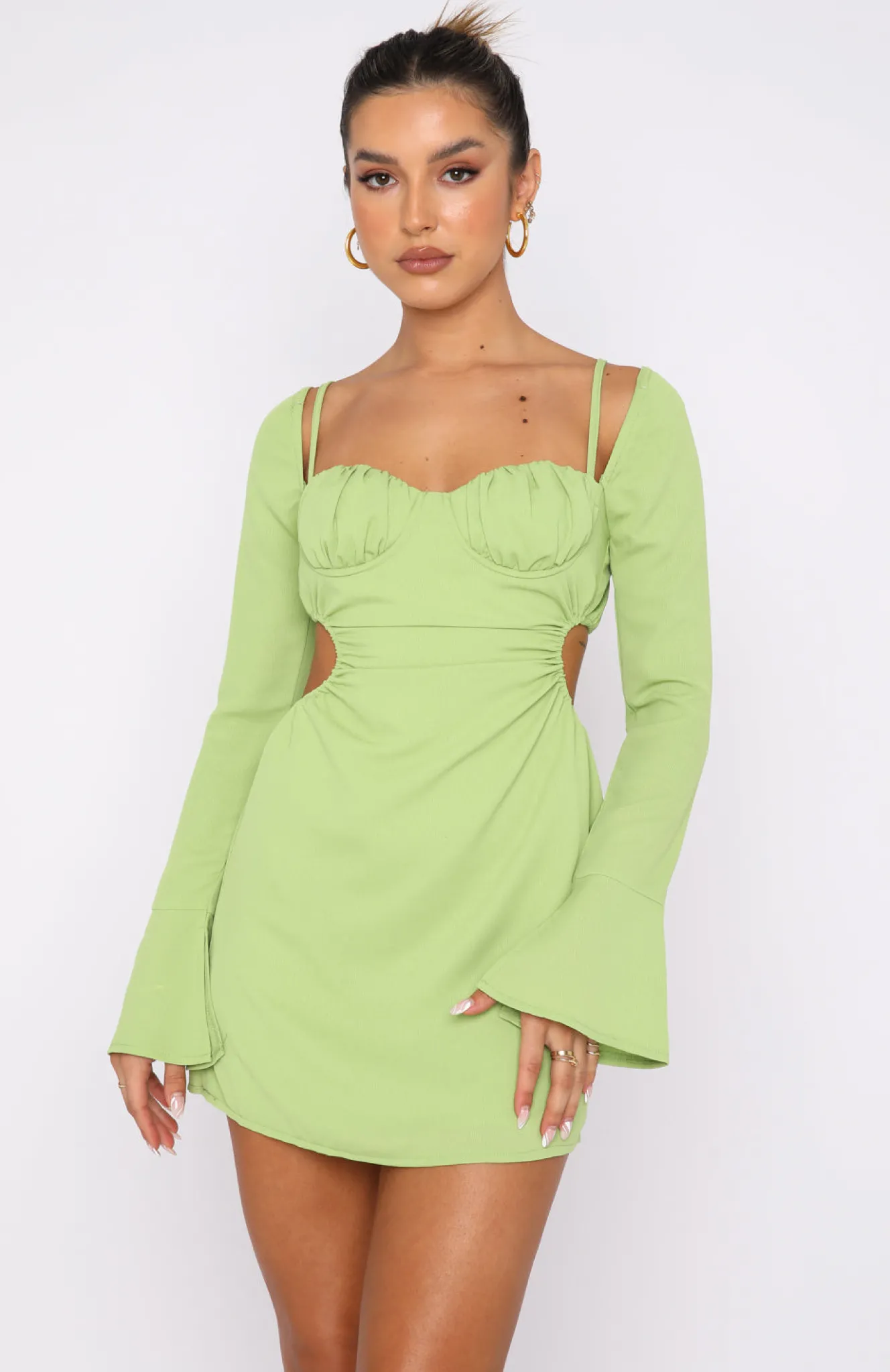 Restocked | White Fox Boutique Please Hold Long Sleeve Mini Dress Matcha green
