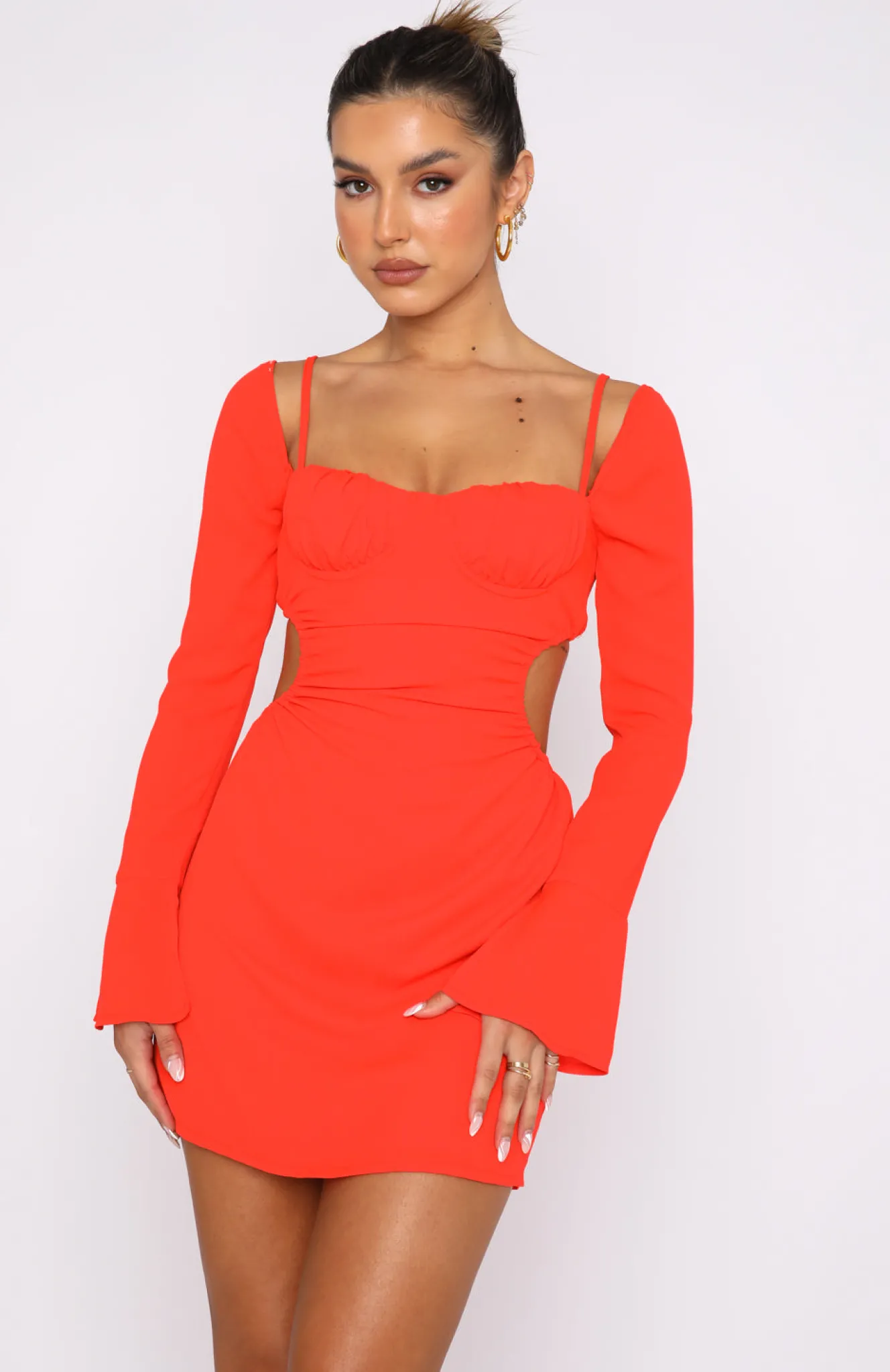 Restocked | White Fox Boutique Please Hold Long Sleeve Mini Dress Fiery Red orange