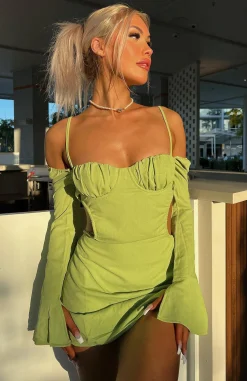 Restocked | White Fox Boutique Please Hold Long Sleeve Mini Dress Matcha green