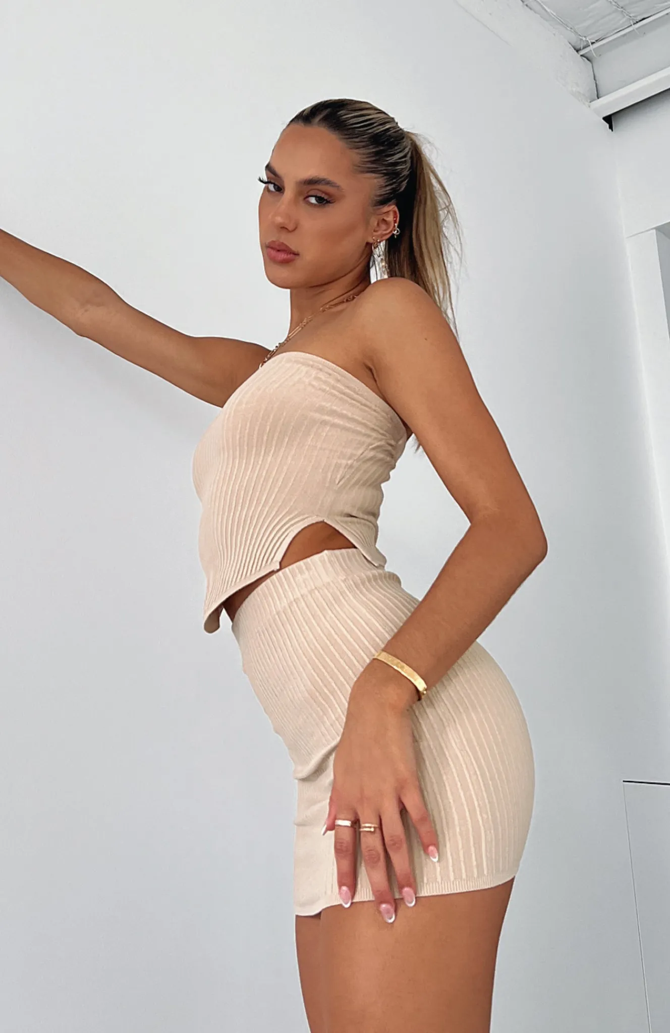 Restocked | White Fox Boutique Slow Jams Knitted Mini Skirt Oatmeal nude