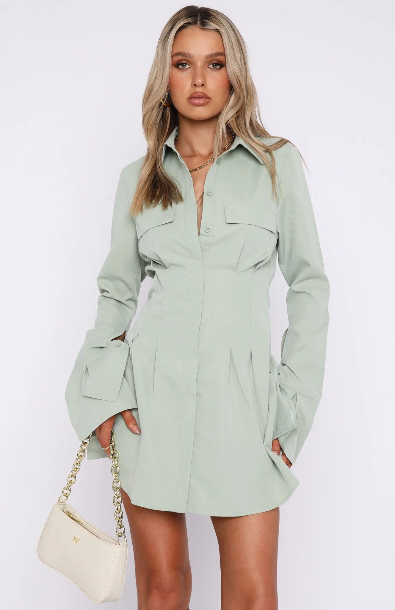 Long Sleeve Dresses | White Fox Boutique Stay The Night Long Sleeve Mini Dress Sage green