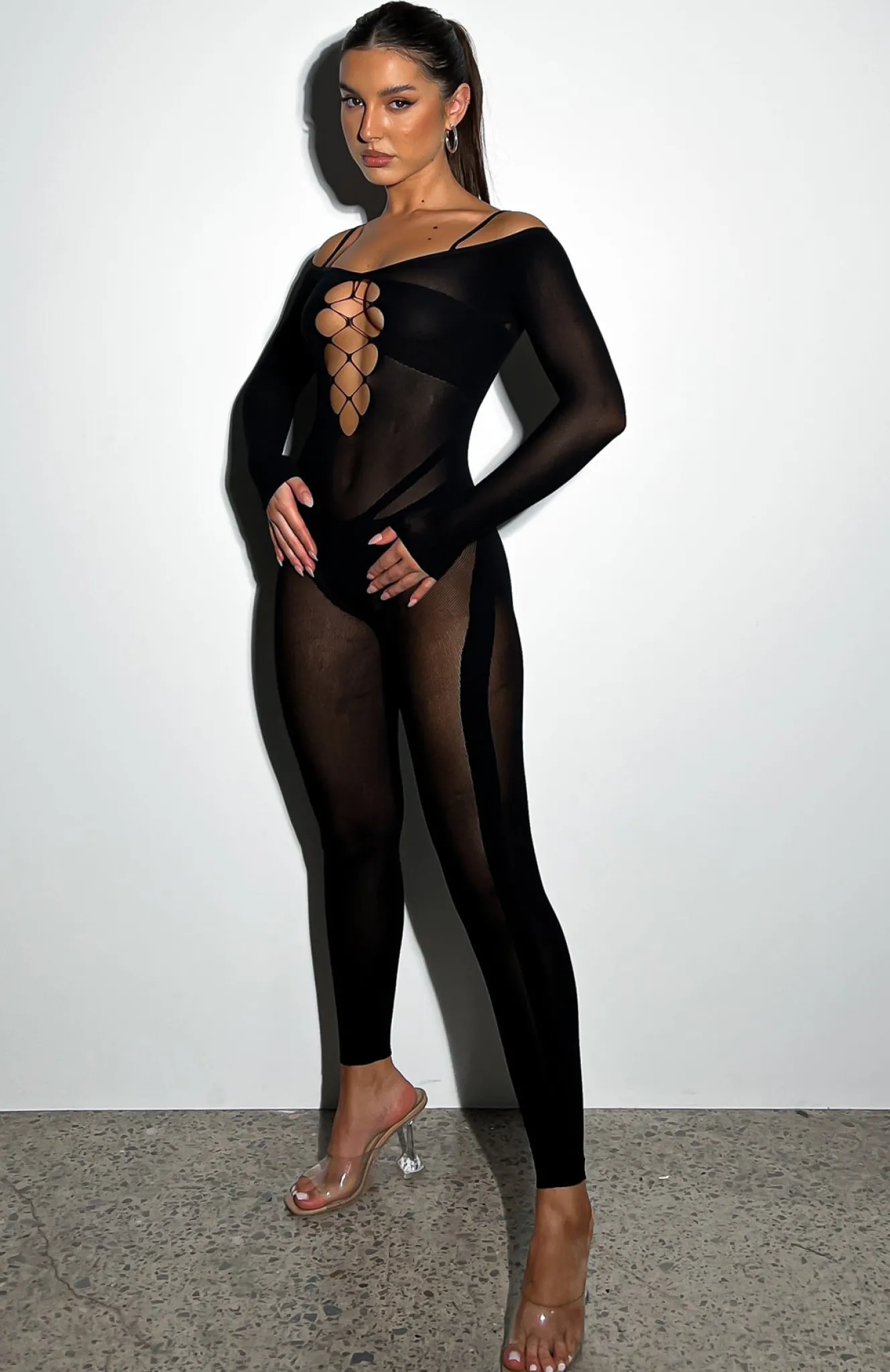 Restocked | White Fox Boutique Staying Snatched Long Sleeve Jumpsuit black