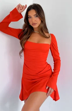Restocked | White Fox Boutique This Just In Long Sleeve Mini Dress Fiery red