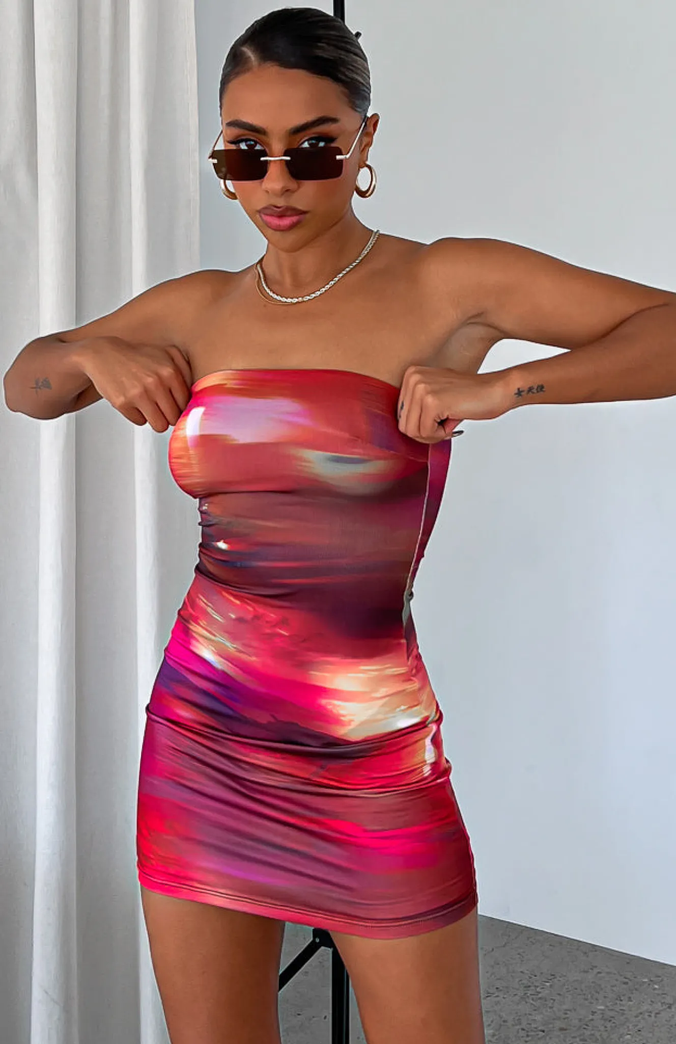 Restocked | White Fox Boutique Top Of My Game Strapless Mini Dress Flashing Lights Print red