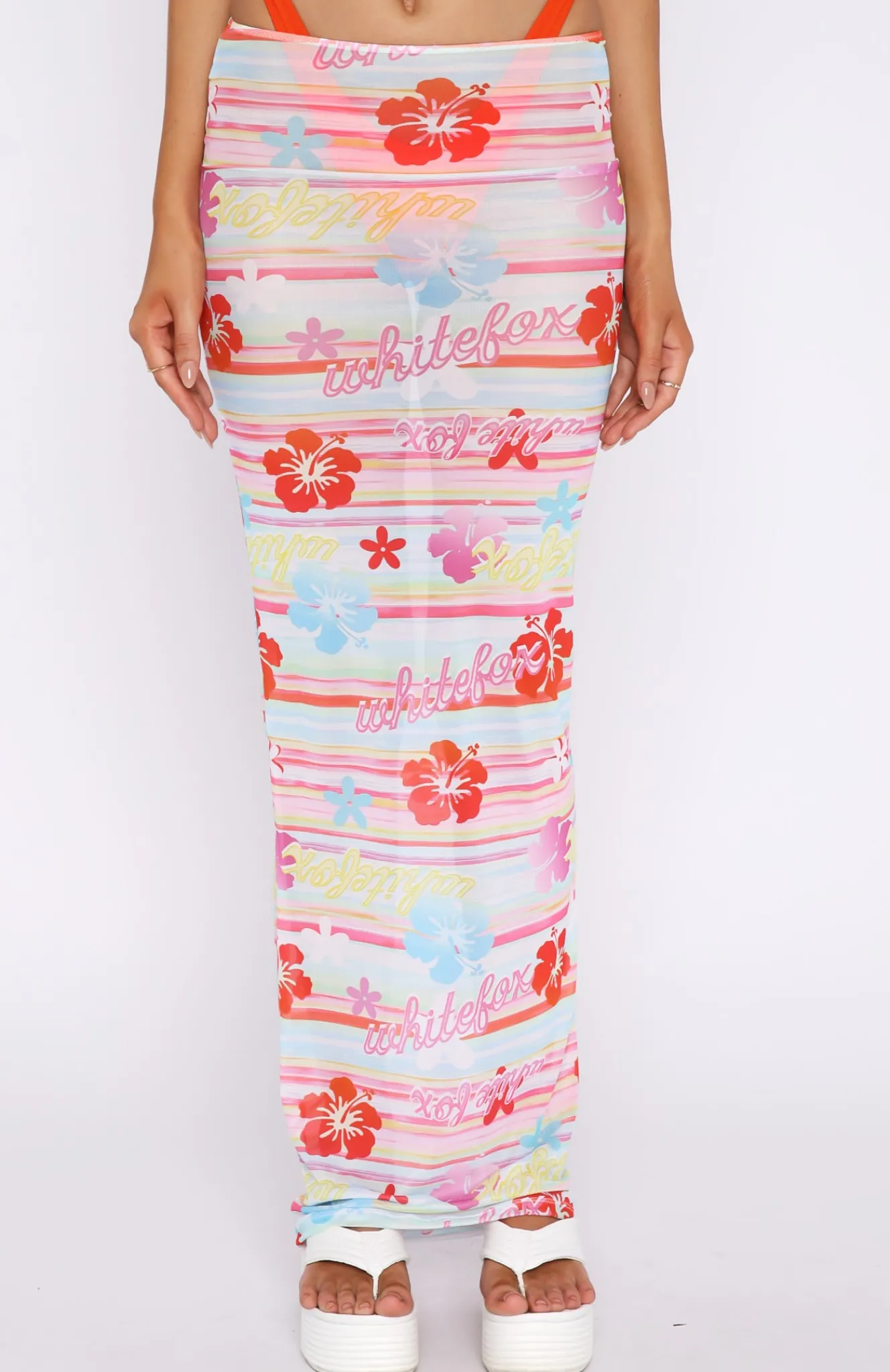 Resort Wear | White Fox Boutique Wanderlust Mesh Maxi Skirt Tropical Horizon multi