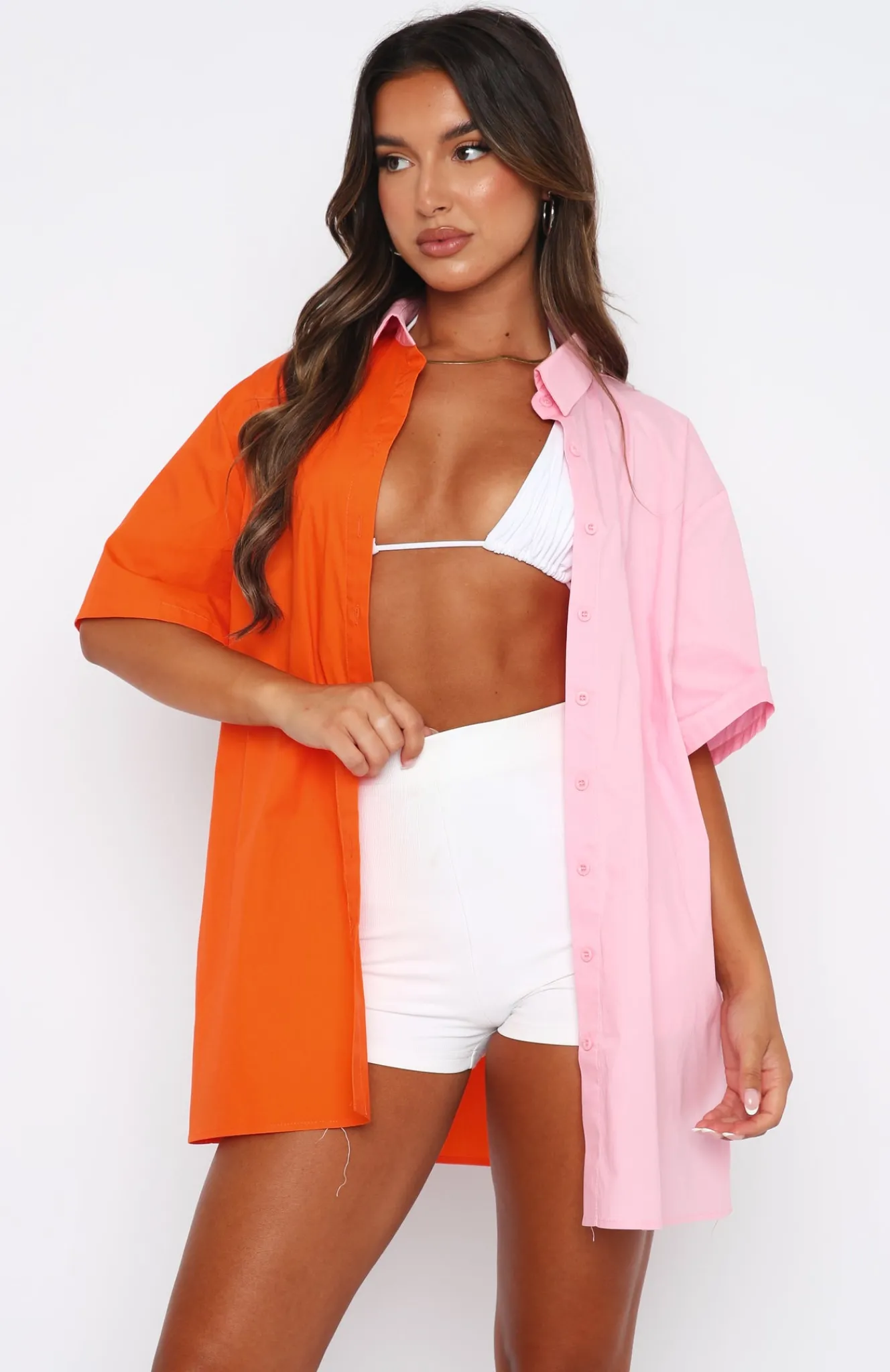 Shirts & Blouses | White Fox Boutique Worth Your Time Button Up Shirt & Pink Splice orange
